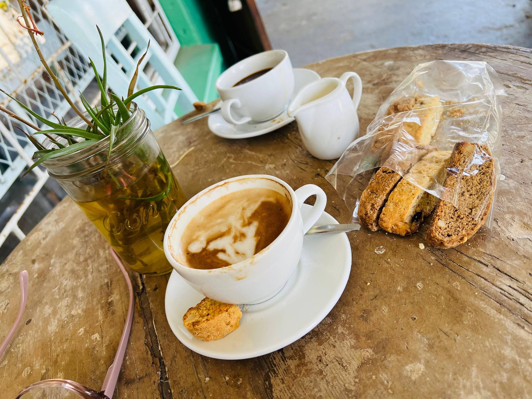 Coffee and biscotti on the patio table