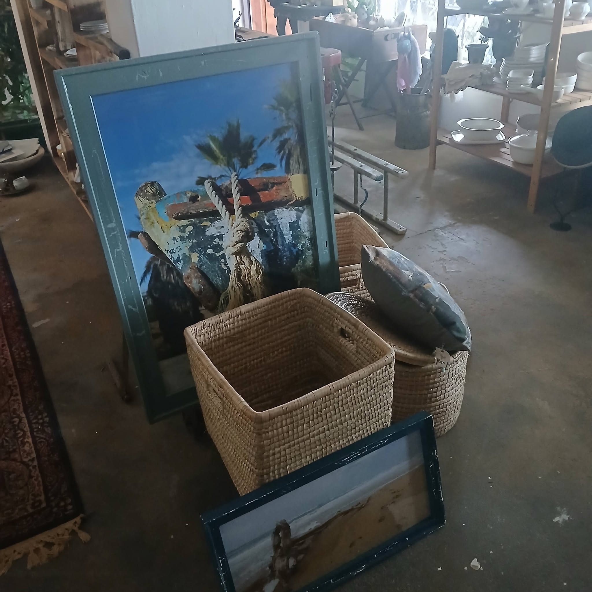 Nautical artwork and woven baskets